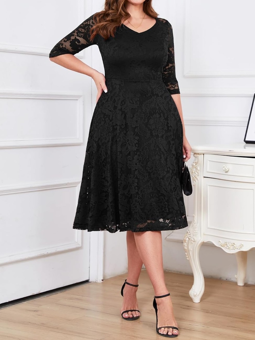 Elegant Black Lace A-Line Dress - V-Neck, 3/4 Sleeves